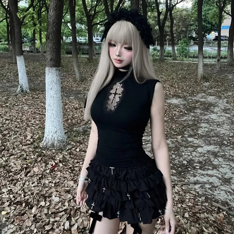 Sexy Woman Y2k Clothing Goth Cross Hollow Out Tshirt Slim Punk 2000s Hot Girl Lace Long Sleeves High Collar Harajuku Vintage Top Sleeveless 1
