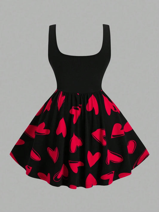 Plus Size Women's Red Heart Patchwork Round Neck Sleeveless Casual Dress for Valentine's Day and Summer