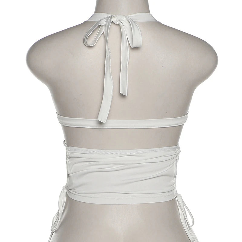 Y2K Sexy Backless Summer Crop Top Women Hollow Out White Sleeveless Bandage Halter Tank Tops Streetwear Cami 90s