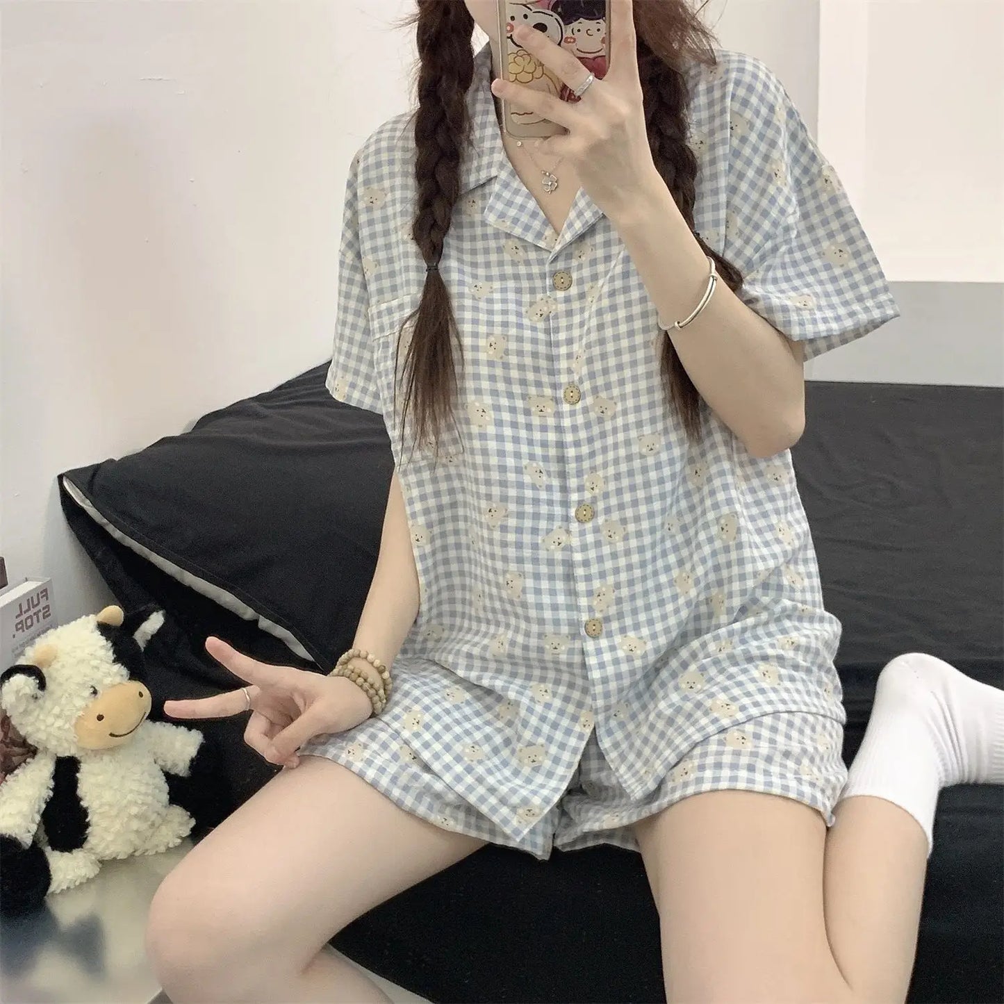 Cute Girl's Summer Cotton Linen ort Sve Nightgown Home Clothes Set Bear Print Gauze Spwear Simple Home Sle Yunduo cotton open short-blue check dog