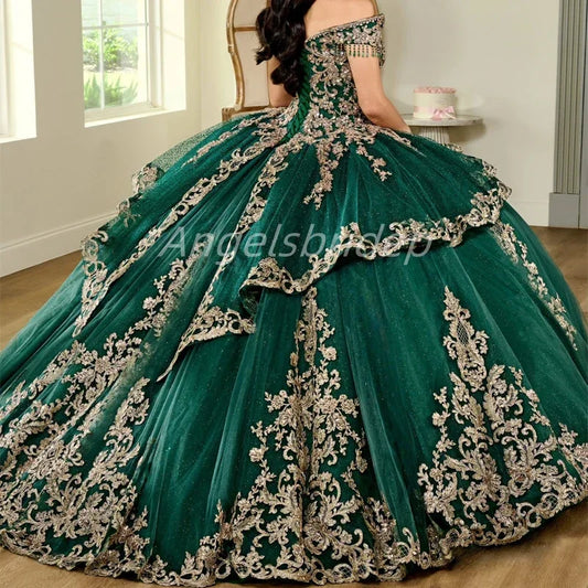 Angelsbridep Customized Emerald Green Ball Gown Quinceanera Dresses 2025 Glitter Tulle Sweet 16 Evening Dress Vestido De 15 Años Badiee Stylez