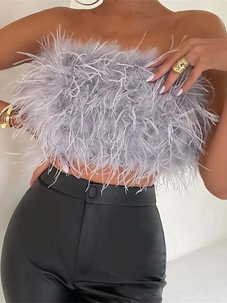 WESAYNB Wholesale Clothing Summer y2k Clothes Sexy Corset Tops Feather Strapless White Crop Tops Women 2022 Backless Design Top