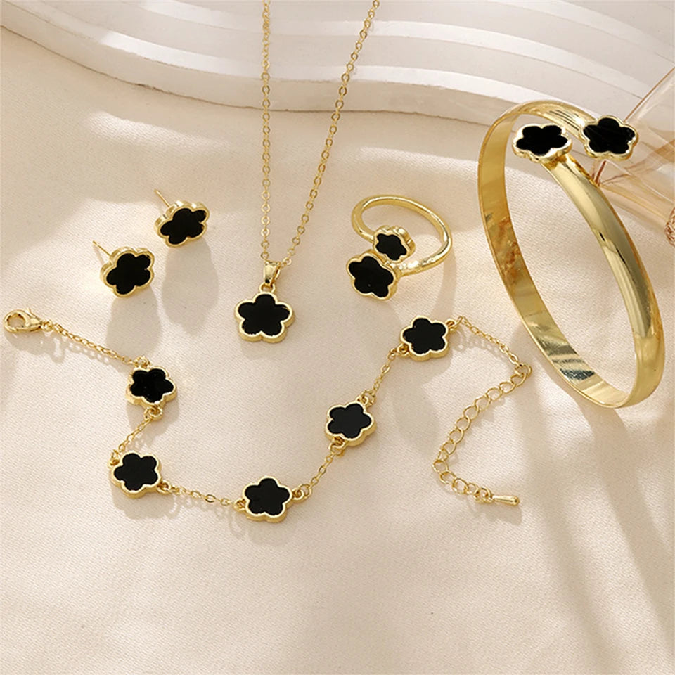 5pcs Lucky Five-petal Flower Women's Jewelry Set, Fashion Flower Bracelet + Necklace + Earrings + Bracelet + Ring Set, Birthday Badiee Stylez