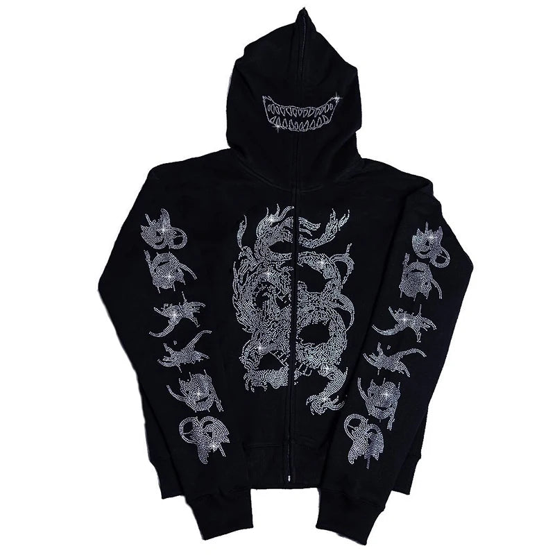 Y2K Rhinestone Cobweb Zip Up Oversized Sweatshirt 2022 Autumn Goth Hoodie Men Women Grunge Hooded Jacket Streetwear Y2K Clothing nz645