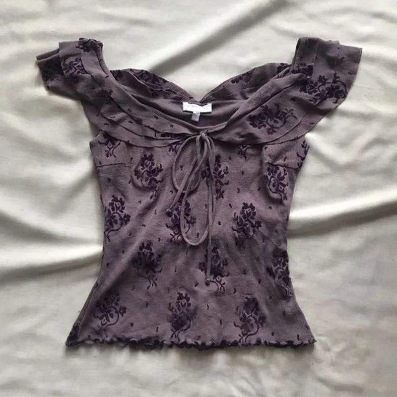 Y2K Womens Daily Clothing Summer Female Soft 2000s Vintage Harajuku Thin Artsy Skinny Minimalist Personality Bow Classic T-shirt Purple