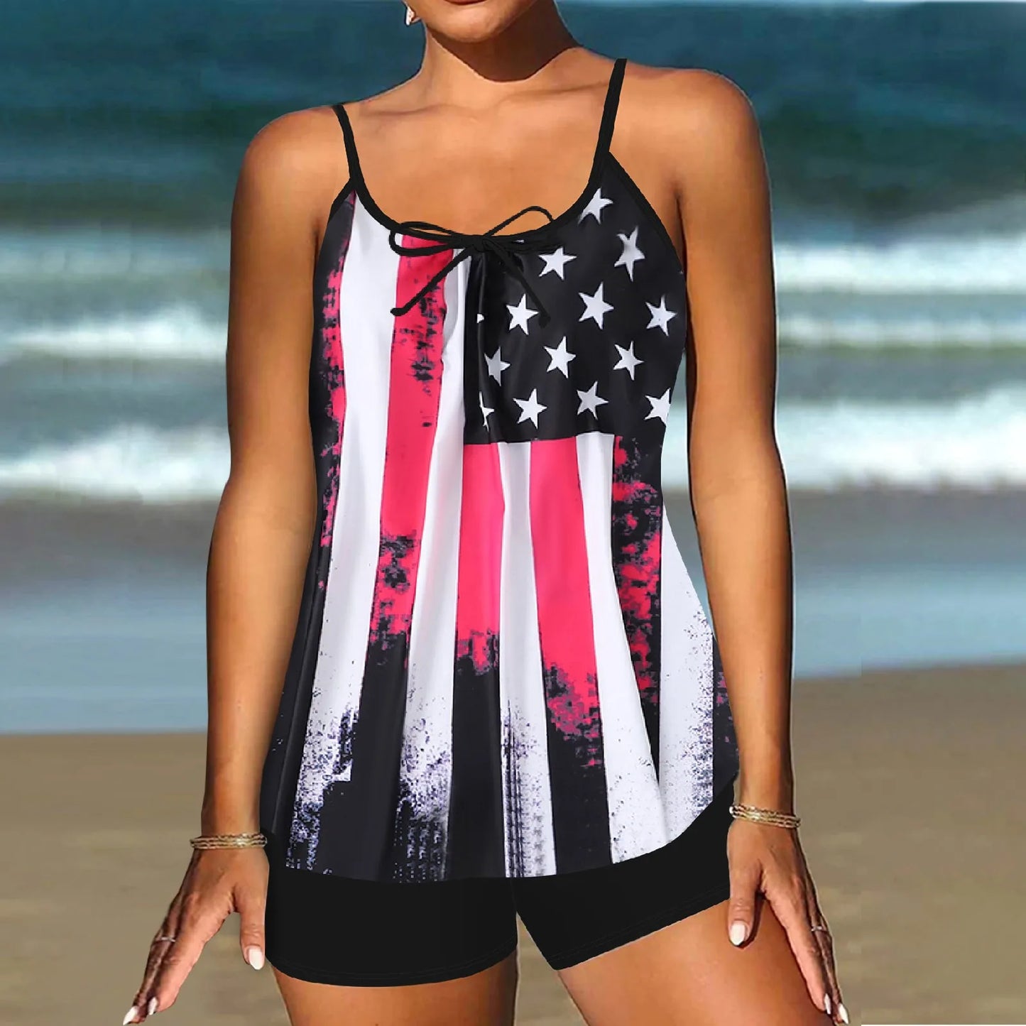 Plus size women's split swimsuit sexy slim printed sling bikini swimwear beach conservative swimsuits two-piece set beachwear Black