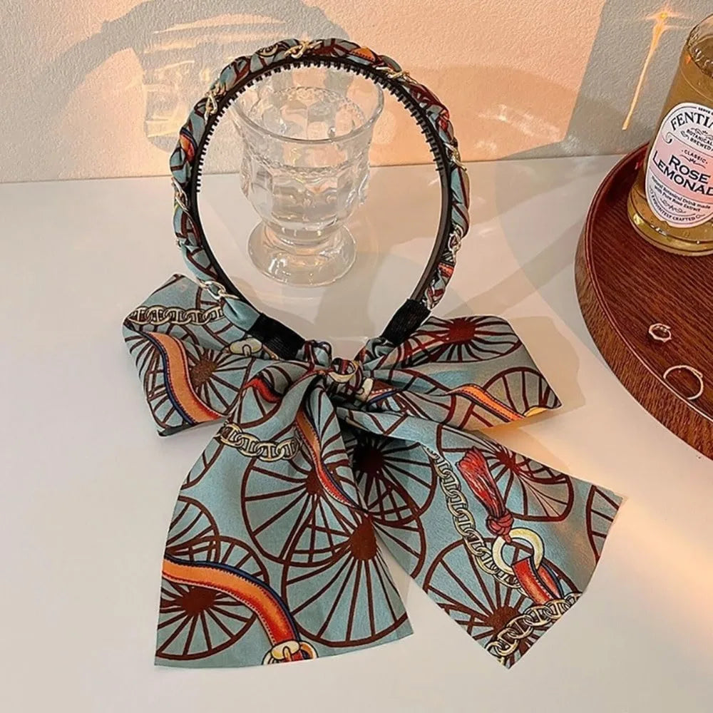 Retro Silk Scarf Headband Floral Print Pearl Braided Hairband Adjustable Bow Non Slip Ribbon Hairband for Women Girls Kid
