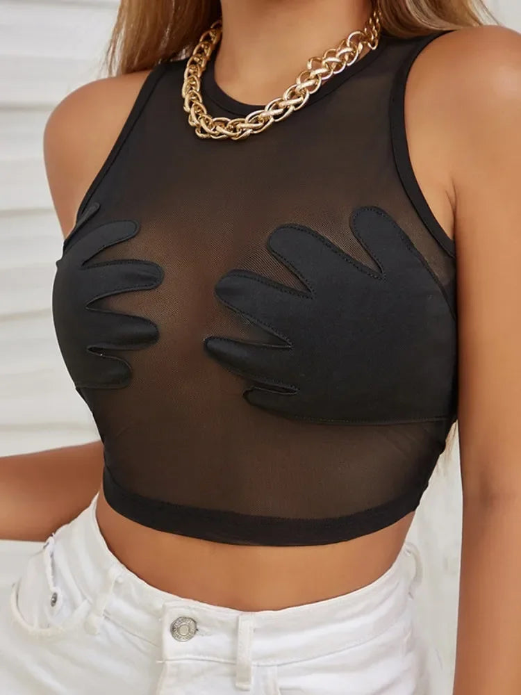 Fashion Round Neck Sleeveless Y2k Top Sexy Net Yarn Slightly Sheer Women Clothing High Stretch Embroidery Streetwear Crop Top