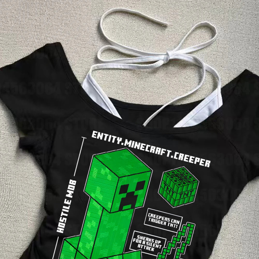 Punk Gothic Sexy Streetwear Slim Baby Tee 2000s Tops Y2k Fake two off shoulder T-shirts Harajuku Aesthetic Short Sleeve Clothing