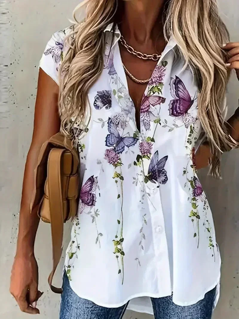 Plus Size 1XL-5XL Women Fashion Butterfly Print Blouse Shirt Ladies Spring and Autumn Casual Short Sleeve Buttons Blouse