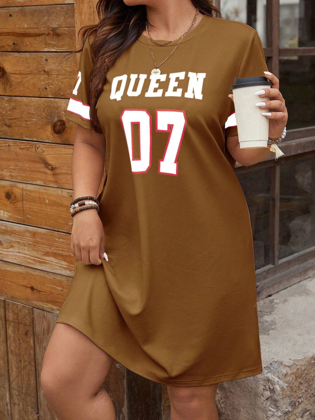 Plus Size Women's Summer Music Festival Pattern Sporty Casual Letter Print Fashionable 07 Printed Jersey Tenniscore Dress SYF112904