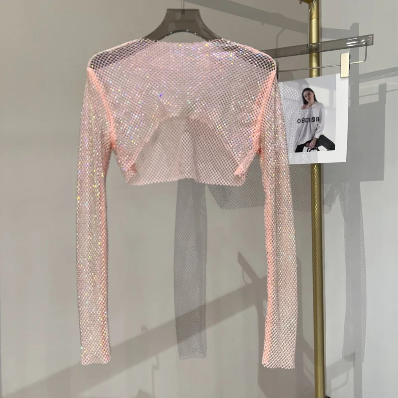 2023 new sexy bright diamond short top Slim thin Ms. hot drill long-sleeved T-shirt sexy leak waist nightclub Pink One Size