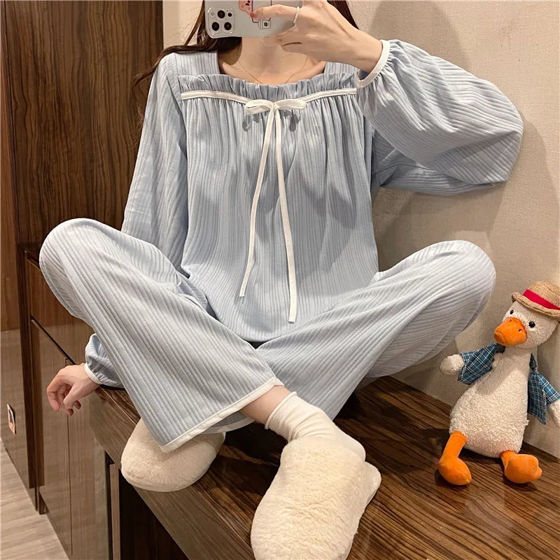 Women's Spring and Autumn Pajamas Set Women's Long-Sleeved Long Trousers Pajamas Homewear Sweet Leisure Homewear Loose Set Blue