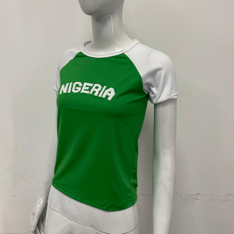 2025 Summer New y2k Leisure Color Blocked Embroidered Nigeria Letter Green T-shirt trend 2025 Women's Clothing Crop Top EMO