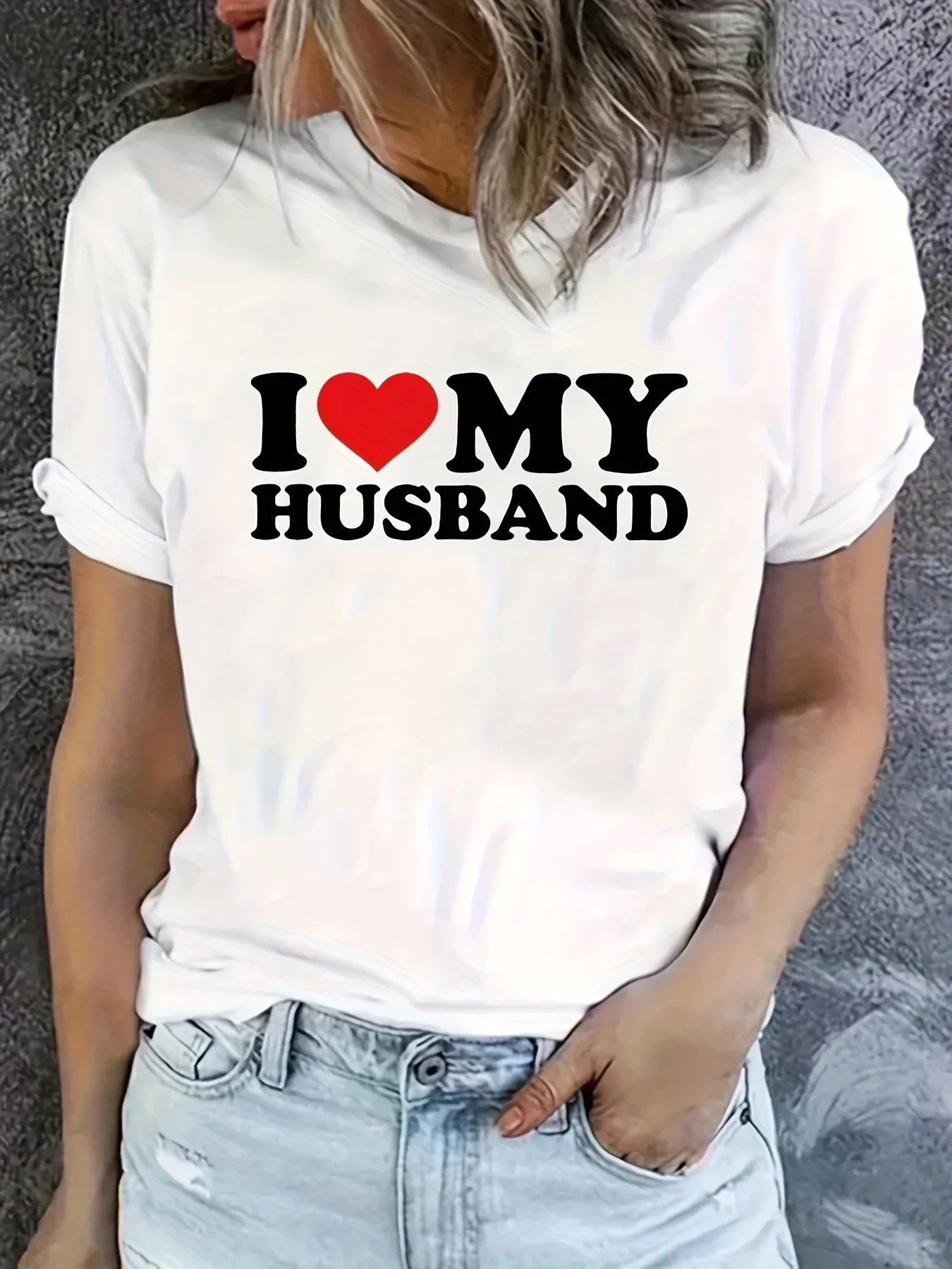 Women's Easy-Care Heart I Love My Husband Print Tee - Comfy Stretch Crew Neck Top for Chic Summer Style FQ309V White