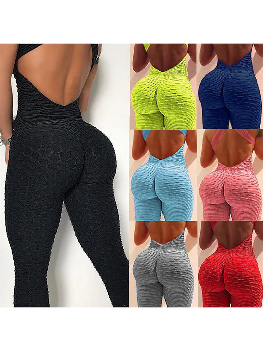 2024 Women's Sports Suit Sleeveless Backless Jumpsuits Costume Quick Dry Gym Bodysuit Tracksuit Fitness Tights Scrunch Leggings Badiee Stylez