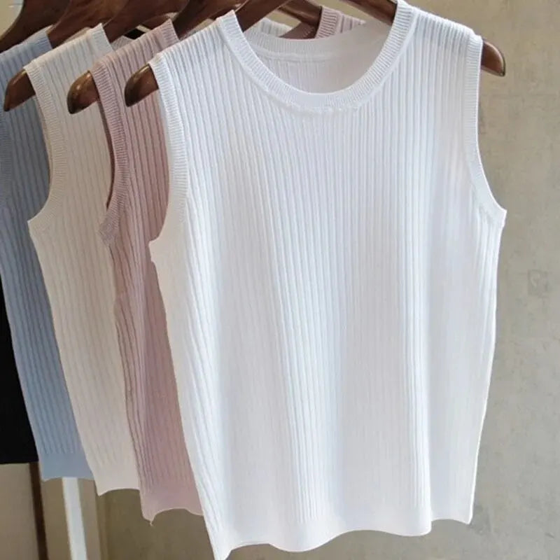 1pcs Summer New Fashion Knitted Vests O-neck Sleeveless Casual Thin Tops One Size WHITE