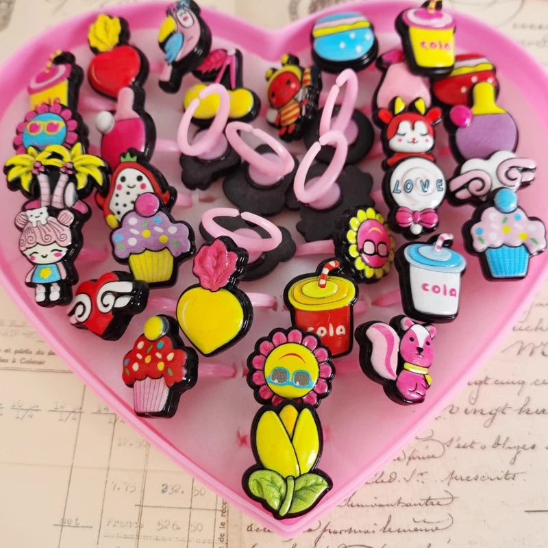 10pcs/lot Children's Cartoon Rings Candy Flower Animal Bow Shape Ring Set Mix Finger Jewellery Rings Kid Girls Toys Anillo