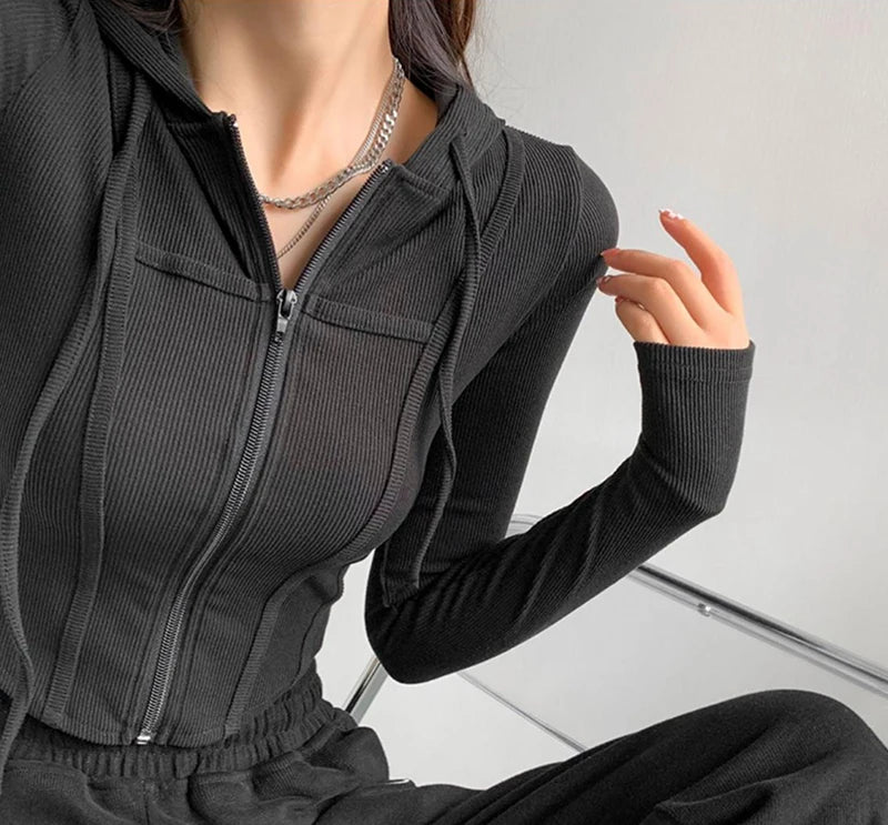 Thin Hooded Cardigan Women Korean Vintage Slim Summer Solid Sports Jacket Vertical Pit Stripe Zipper Female Sexy Cropped Tops