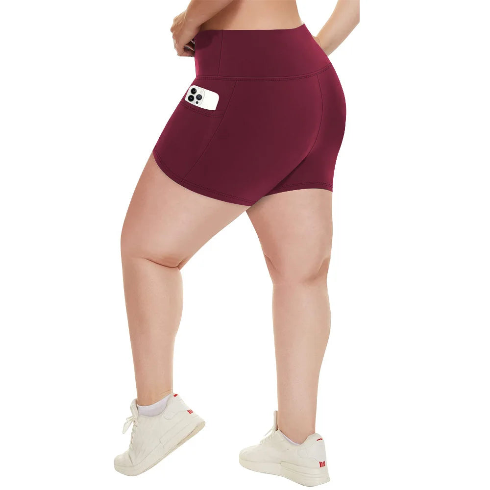 Plus Size Fit Yoga Shorts for Women's High Waist Side Pocket Workout Running Tight Stretchy Athletic Summer Fashion Slim Shorts