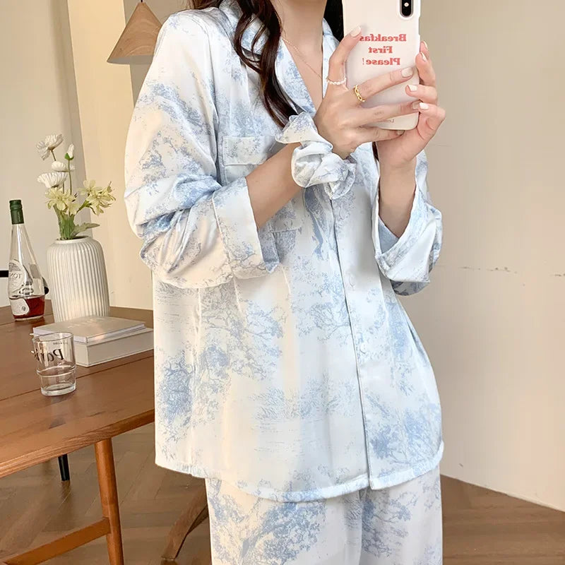 Leopard Print Long Sleeve Pajmaas Set Spring New Silk Satin Sleepwear Home Clothes Loose Casual Home Clothes Trouser Suits Blue Pajamas