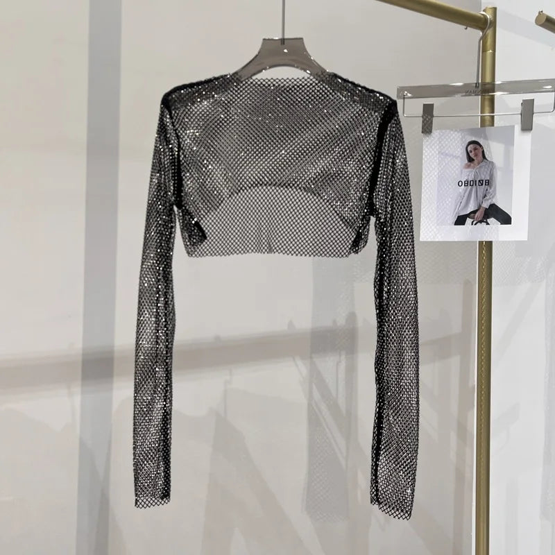 2023 new sexy bright diamond short top Slim thin Ms. hot drill long-sleeved T-shirt sexy leak waist nightclub Mineral-Black One Size
