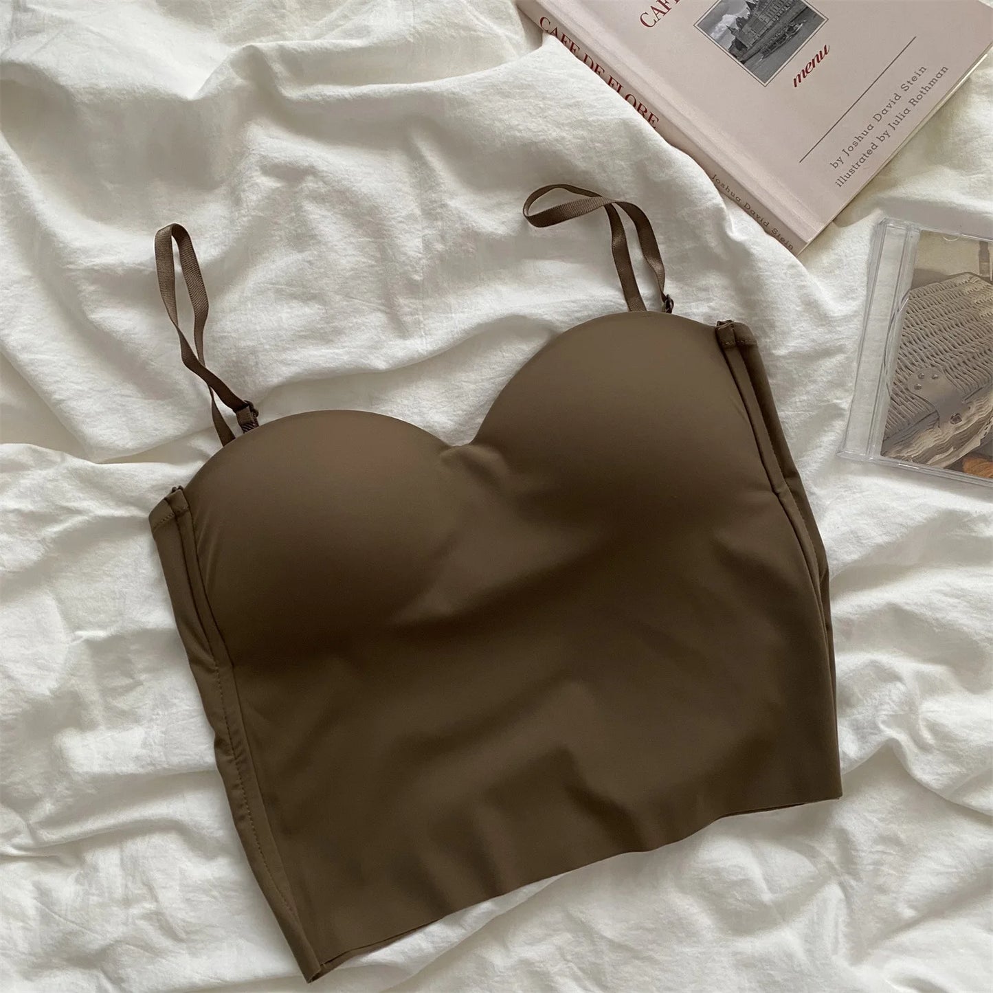 1pc Popular Cool Solid Knitted Yoga Gym Tank Top Bra Seamless Skin-Friendly U-Back Vest with Fixed Chest Pad Suspender for Women Chocolate One Size