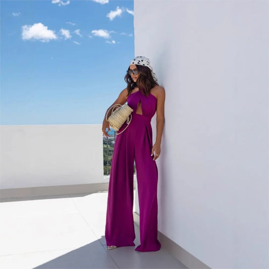 Sexy Solid Sleeveless Jumpsuit Spring Summer Fashion Commuter Women's Elegant Lapel Halter Neck Folds Wide Leg Trousers Jumpsuit Badiee Stylez