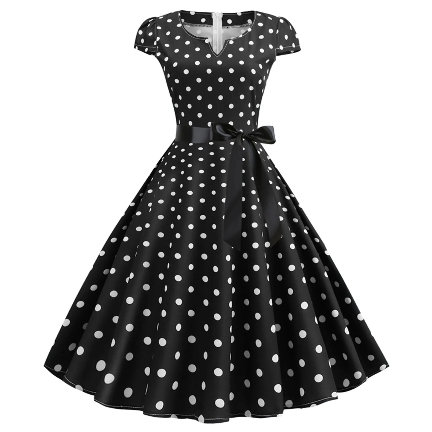 Woman Retro Dresses Audrey Hepburn 1950s 60s Rockabilly Polka Dot Printed Bowknot Pinup Ball Gown Party Dress Robe Vestidos Black
