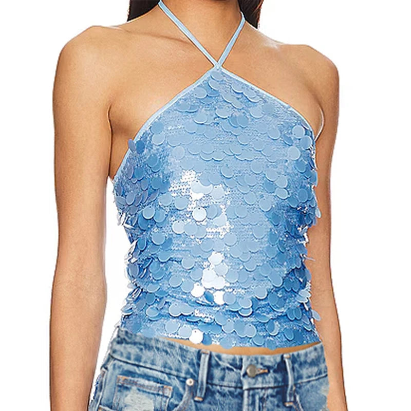 Y2k Sequin Beaded Halter Tops Boho Beach Backless Camis E-girl Sexy Club Party Sleeveless Shirt Vest Vintage Crop Tops Women Type 6