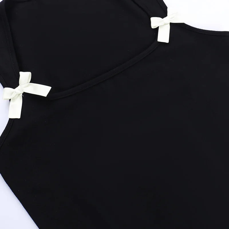 Y2K Women'S Bow Tie-Up Tank Tops Wide Shoulder Straps Bandage Camisole Sexy Low Cut Crop Tops Female Vest Tops