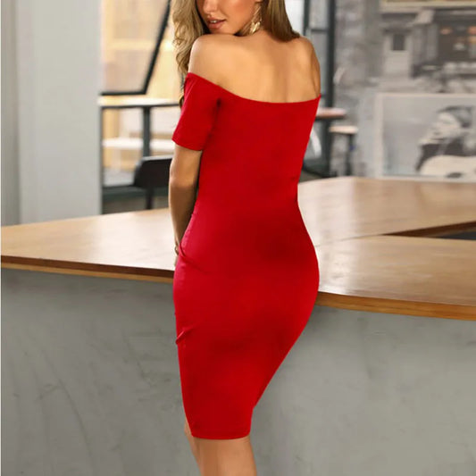 Lady V style off-the-shoulder fitted dress with a tight waist and a full skirt, a fitted evening gown for women.