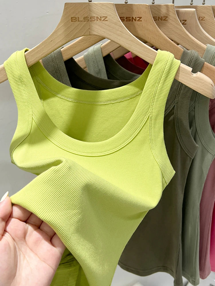 zjaiss Women Solid Round Neck Ribbed Tank Top Camisole Women 2025 Summer Basic Elastic Tank Top O Neck Solid Tank Top Fruit green