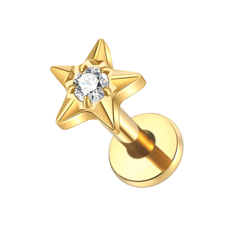 1PC Titanium Zircon Star Flower Labret Piercing for Women Cartilage Tragus Daith Helix Stud Earring Body Jewelry TC089-2 1.2x8mm