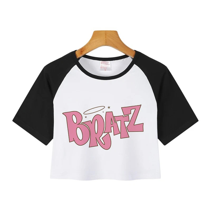 Gothic Bratz Cropped Print Crew Neck T-shirt Y2K Short Sleeve Tight Fit Crop Top Spring Summer Women's Clothing 9.99--79171
