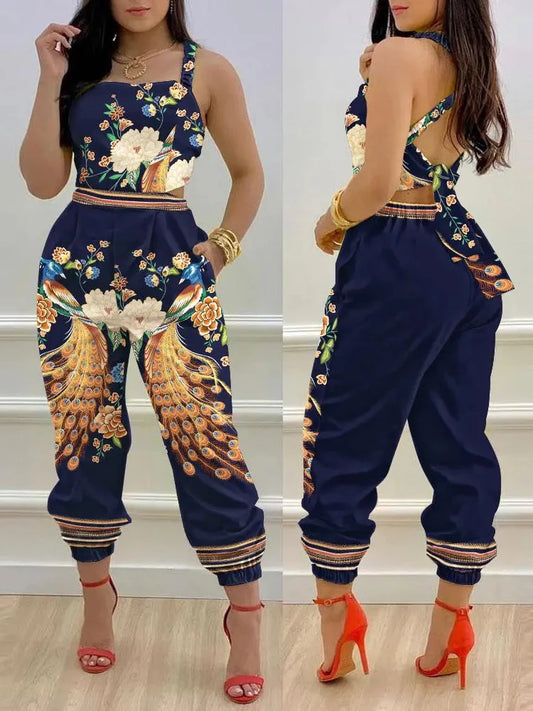 New Summer Fashion Printed Sleeveless Jumpsuit Sexy Hollow Backless Lace Up Long Jumpsuits Elegant Casual Jumpsuit With Pocket Badiee Stylez