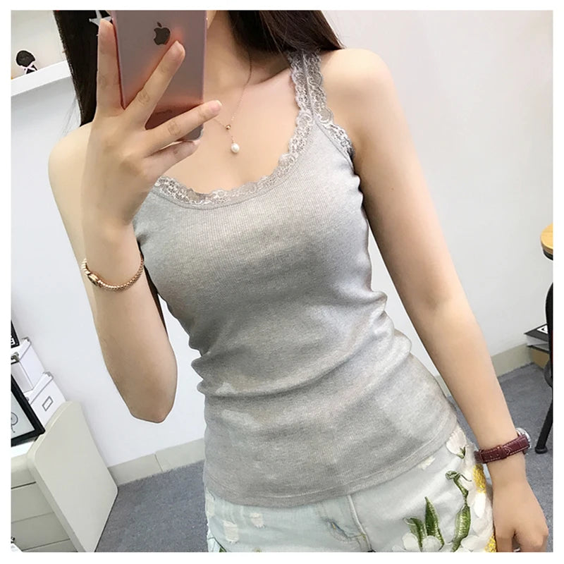 Black Tops Summer Sleeveless Women Tank Top With Lace Top Red Inside Wear Lace Camisoles Loose Underwear Womens Clothing Vest gray One Size