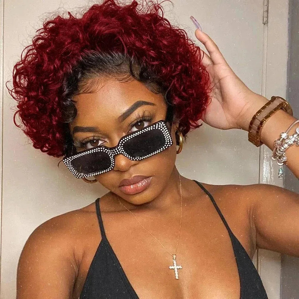99J Short Curly Lace Front Human Hair Wigs 13X1 Pixie Cut Short Curly Human Hair Wigs Red Water Wave Wigs For Women Human Hair 1B99J 180%