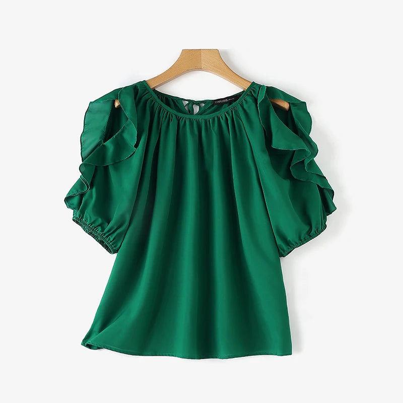 ZANZEA Women Cold Shoulder Blouses Fashion Ruffled Half Sleeve Tops 2024 Back Straps Pleated Tunics Summer Casual Loose Shirts