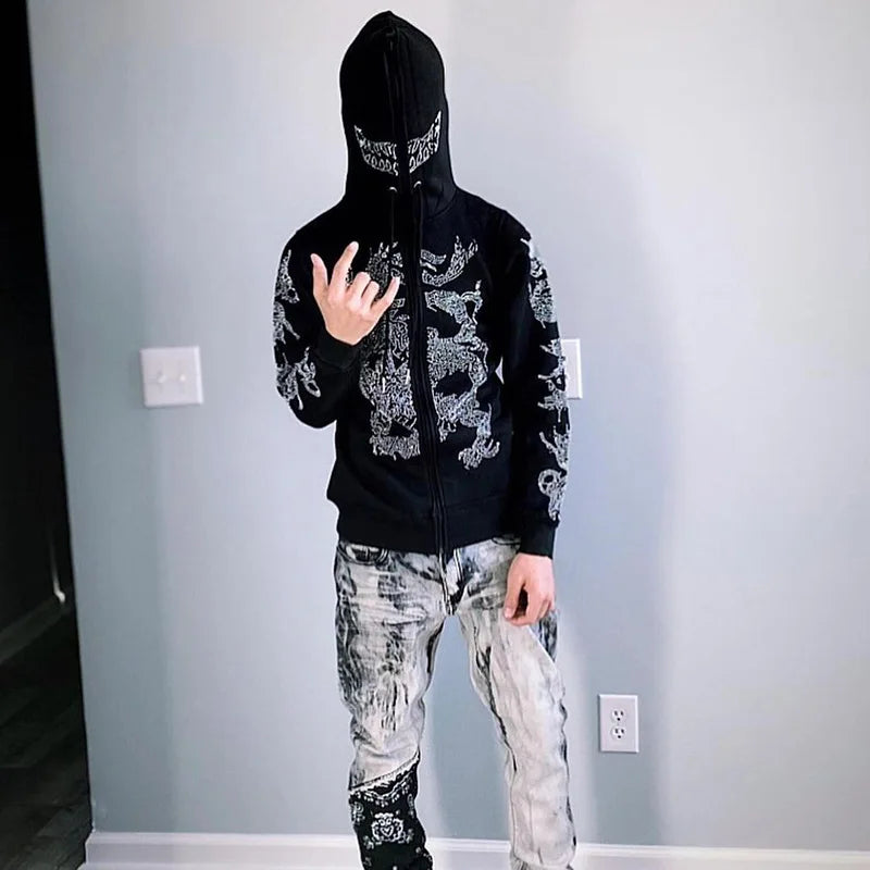 Y2K Rhinestone Cobweb Zip Up Oversized Sweatshirt 2022 Autumn Goth Hoodie Men Women Grunge Hooded Jacket Streetwear Y2K Clothing