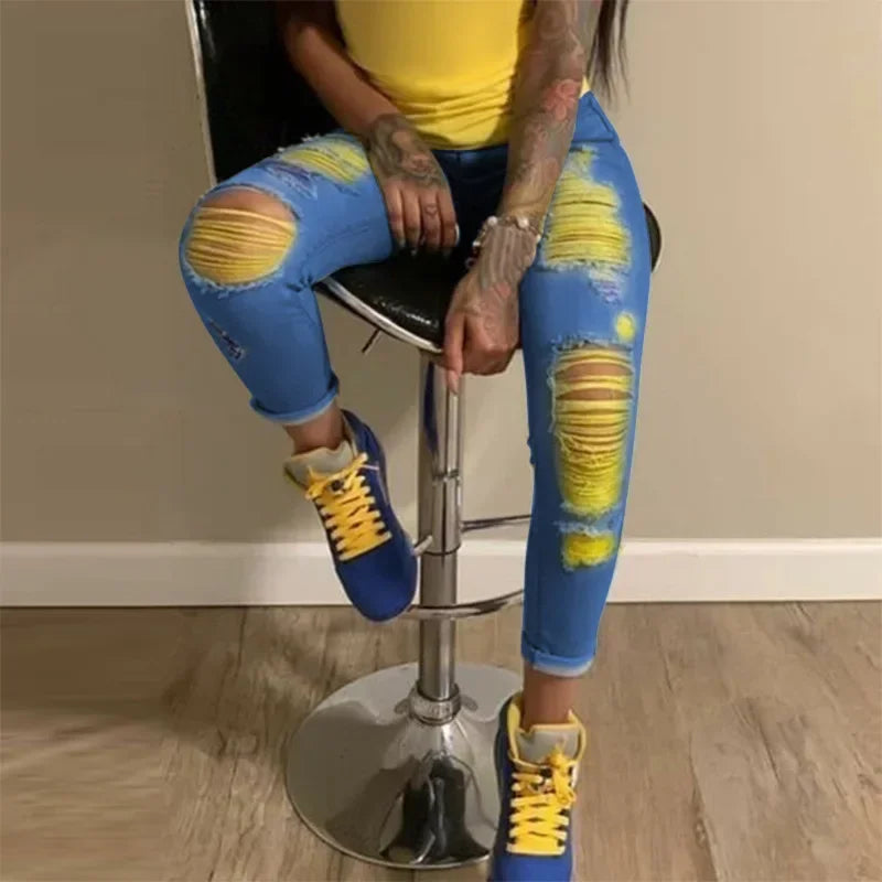 2025 New Ripped Jeans For Women Yellow Scratch Denim Pencil Pants High Waisted Stretch Skinny Hollow Out Sexy Female Mujer