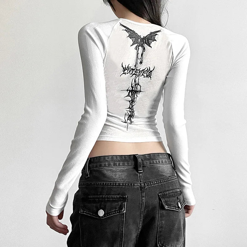 Y2K T Shirts Vintage Women O-neck Tee Long Sleeve Grunge Print Casual Crop Tops Female Graphic Korean Fashion Crop Tops EMO