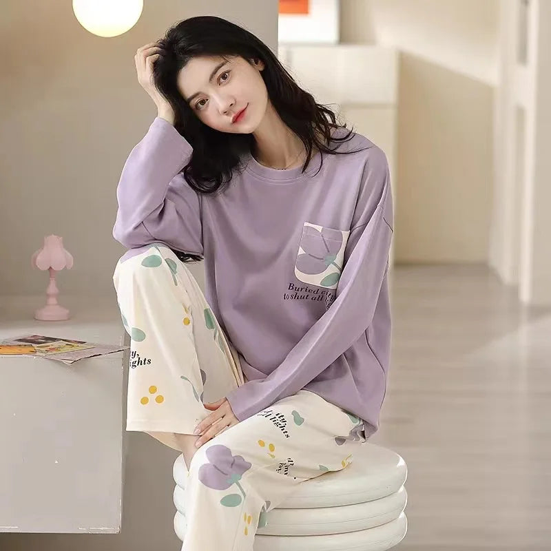Women's Long Sleeve Long Pants Comfortable Pajamas Loungewear Women's Spring and Autumn New Plus Size Korean Loungewear Set K03Purple