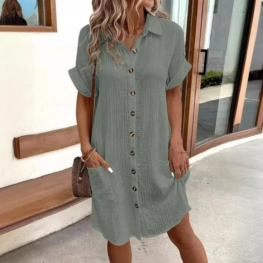 Women's Fashion Summer Minimalist V-neck Button Up Dress Woman Cotton Linen White Short Sleeved Pocket Casual Loose Shirt Dress Badiee Stylez