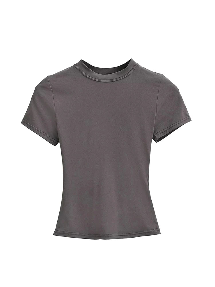 2025 New High Quality Casual T shirt Sexy Slim Short Sleeves Fashion Trend Solid Women Clothing y2k Tops Dark Grey