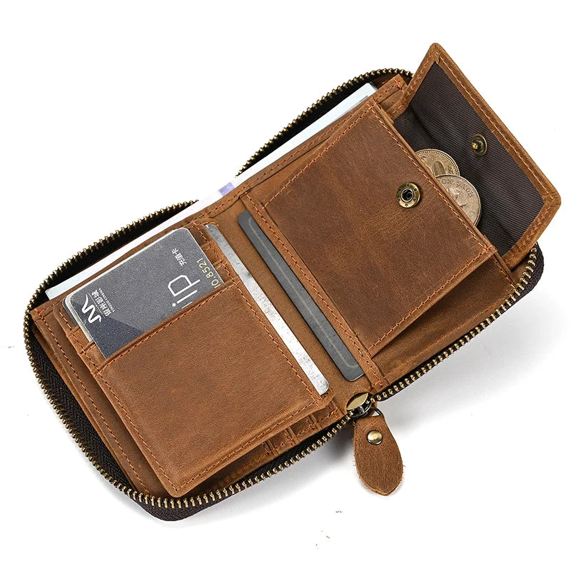 2023 New Short Wallet Men Women Vintage Fashion Card Holder Zipper Coin Purse Crazy Horse Leather Mens Slim Zipper Purse Wallet