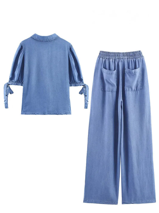 HH Women Solid Pant Sets Short Sleeves Bow Single-breasted Turn-Down Collar Shirts+Autumn Elastic Waist Pockets Wide Leg Pants Badiee Stylez