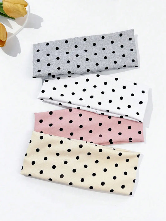 4pcs/set Ladies Polka Dot Print Wide-Edge Elastic Hair Band Face Makeup Sports Headband Stylish Hair Accessory for Women