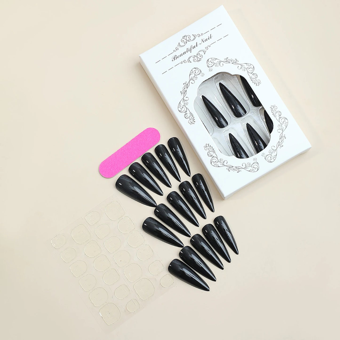 24pcs Glossy Black Fake Nails Set Press On Nail Tips Solid Color Long Stiletto Removable Artificial Nails Decoration Nail Art style1