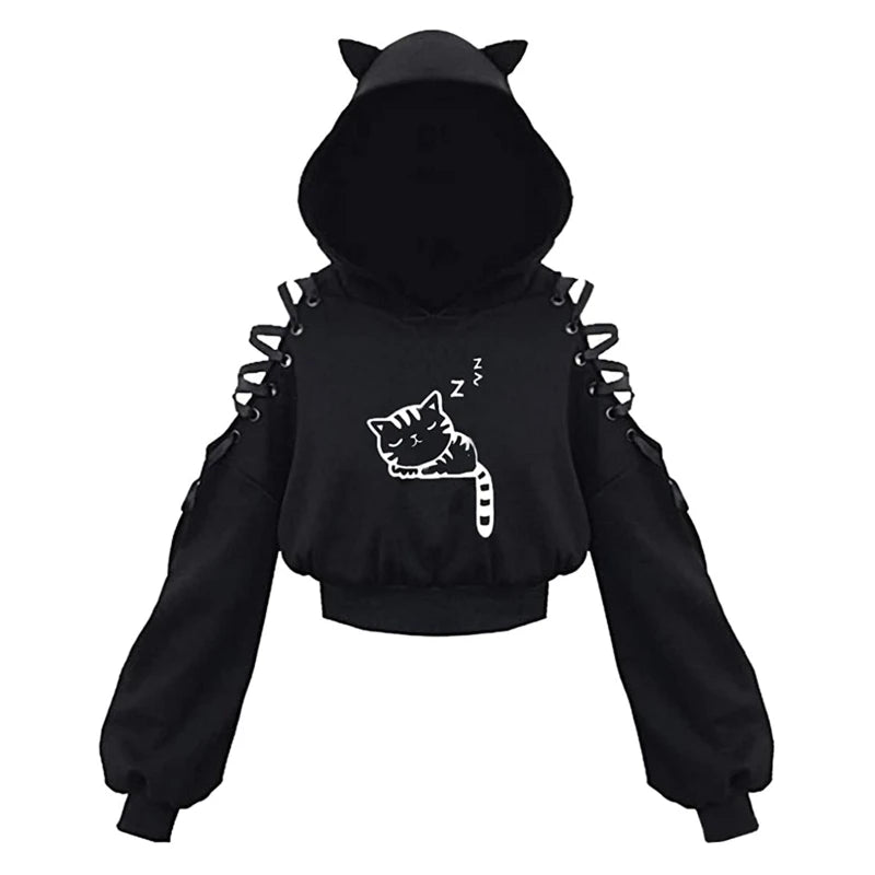 Y2k Gothic Womens Hoodie Cat Ear Crop Top Hooded Sweatshirt Hollow Out Lace Up Long Sleeve Hodded Casual Pullover Autumn D